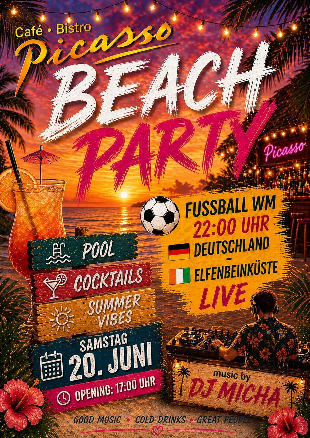 Poster zur Beach Party zur Fußball-WM mit Deutschland gegen Côte d’Ivoire und DJ Micha.