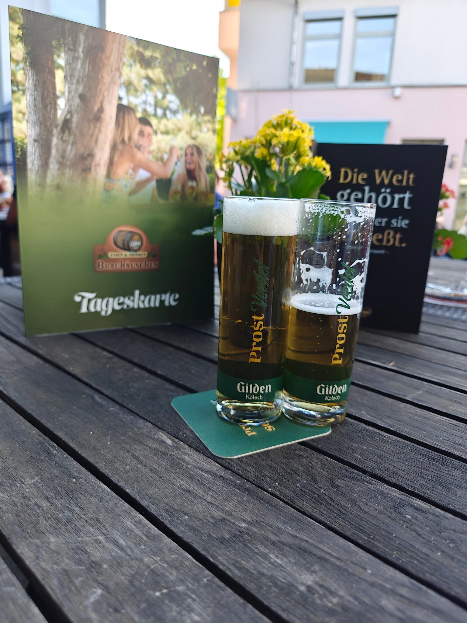 Zwei Gilden-Kölsch-Gläser vor einer Tageskarte auf einem Tisch der Picasso-Terrasse.