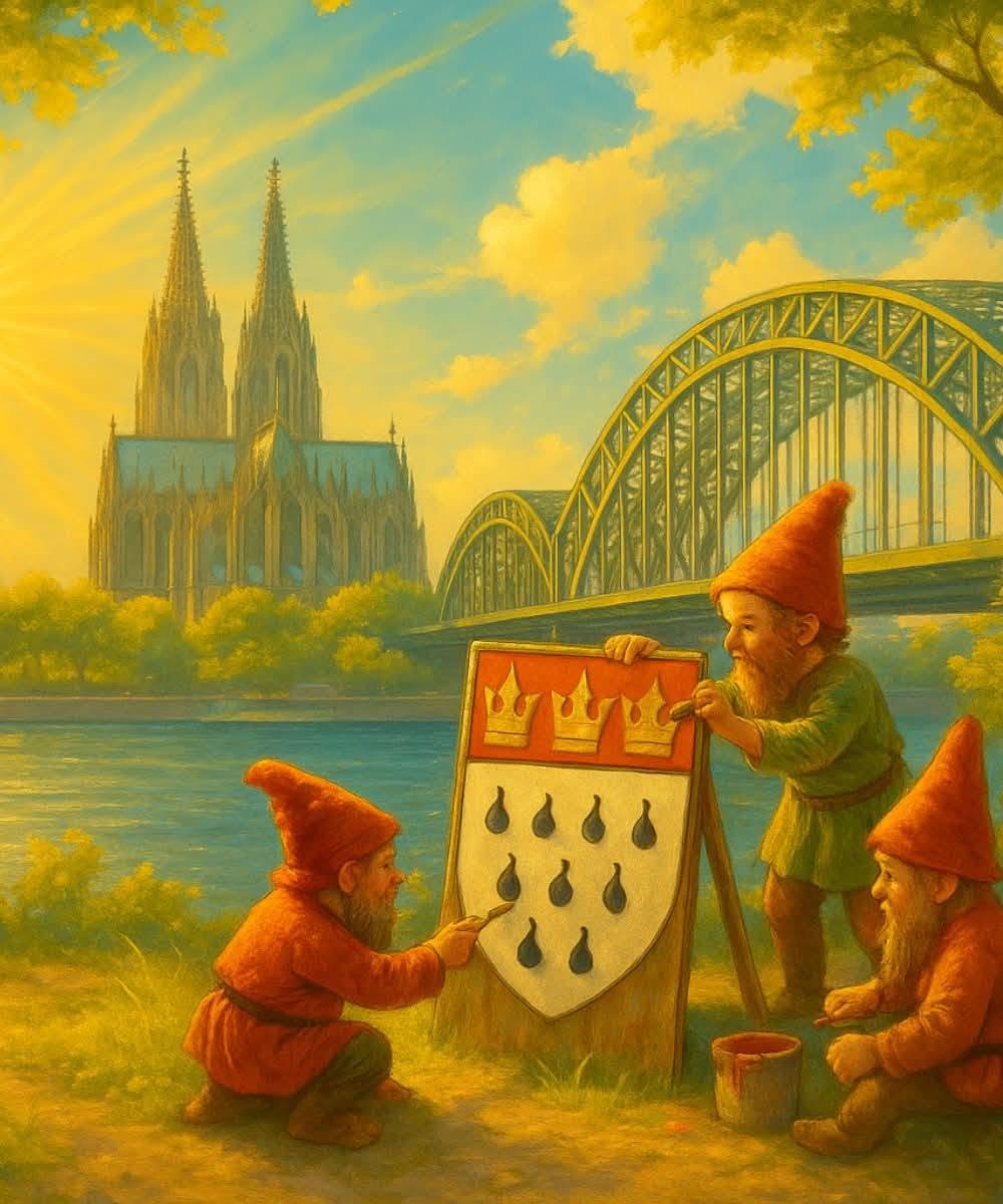 Karnevalsmotiv mit Kölner Dom und Hohenzollernbrücke.