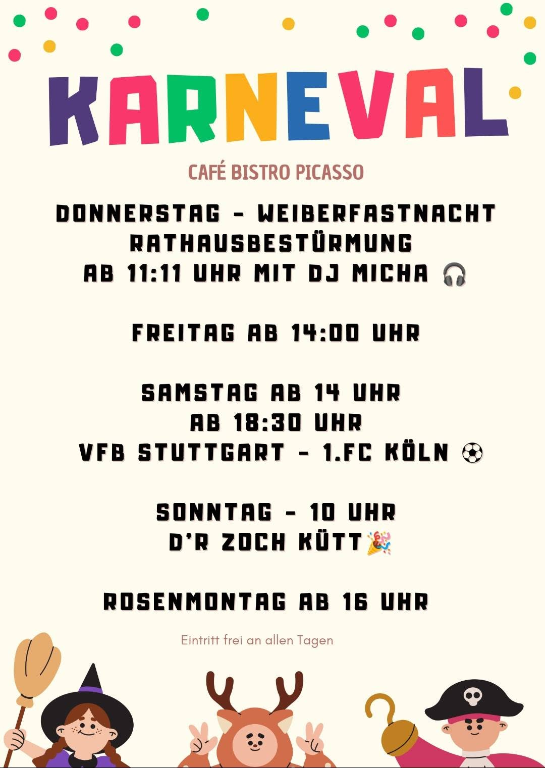 Karnevalsprogramm des Café Bistro Picasso.