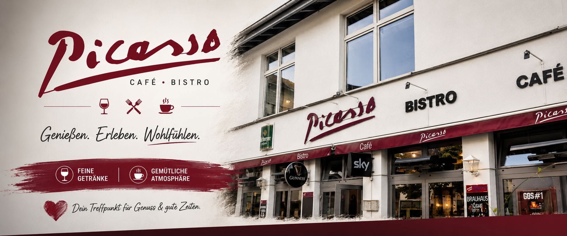 Breites Markenmotiv des Café Bistro Picasso mit Fassade, Logo und farbigen Illustrationen.