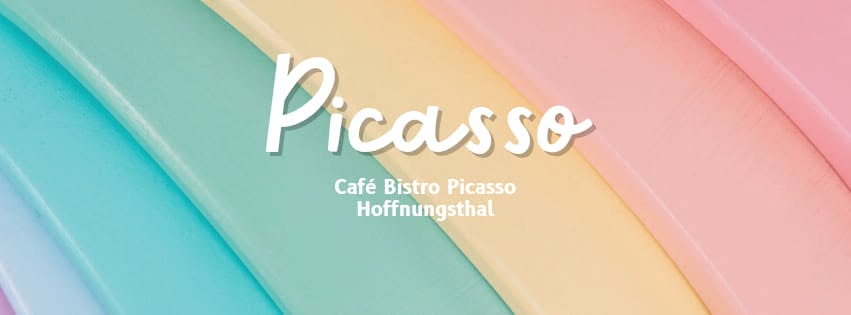 Pastellfarbener Picasso-Schriftzug mit Café Bistro Picasso Hoffnungsthal.